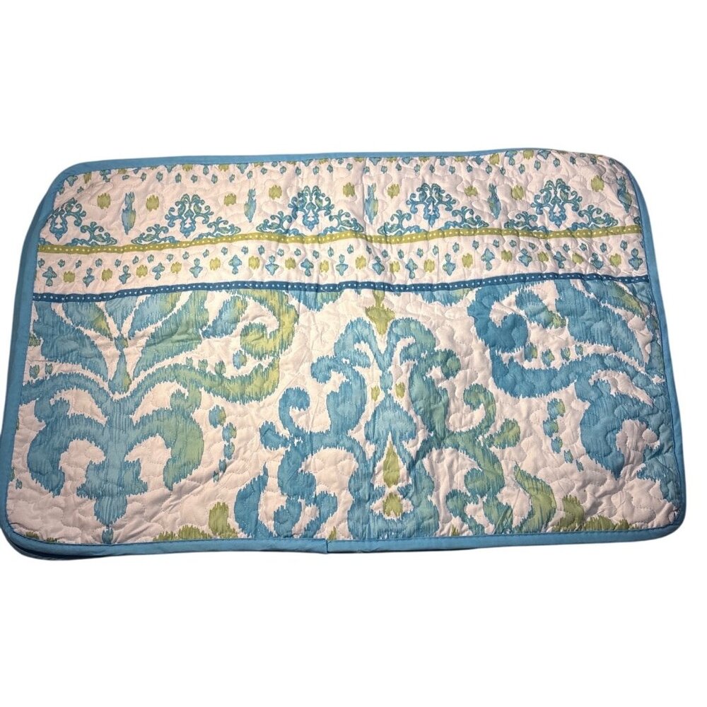 Handmade Quilted Pillowcases Cotton Blue & Green Damask Print 29 x 20" Set of 2